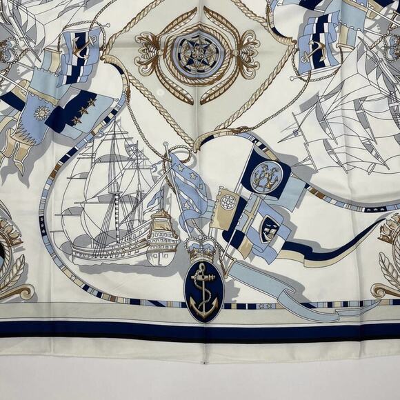 2/$30 NEW Cream Navy Blue Nautical Antique Gold Baroque Printed Silky Fashion … - Picture 6 of 9